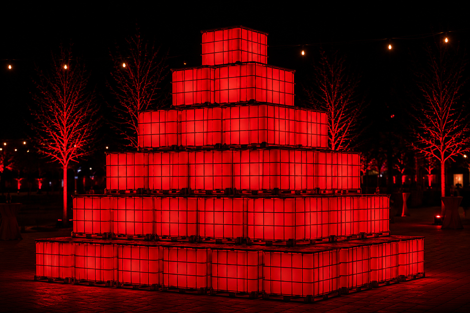 Rode DAIVEXO Light Wall in piramidevorm opgebouwd uit verlichte Light Cubes